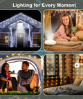 4 In 1 Camping Lantern And String Lights 32.8 Ft Outdoor Lighting Kit illuminating various settings including tent, house, and bedroom.