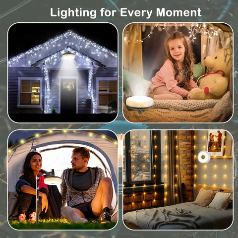 4 In 1 Camping Lantern And String Lights 32.8 Ft Outdoor Lighting Kit illuminating various settings including tent, house, and bedroom.