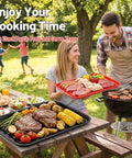 Couple grilling with Stackable Grilling Prep And Serving Trays Set Of 2 Plastic BBQ Trays For Raw And Cooked Food Dishwasher Safe 17 By 10.5 Inches Outdoor Cooking Accessories For Parties Red And Black.