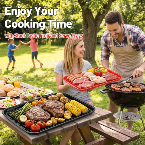 Couple grilling with Stackable Grilling Prep And Serving Trays Set Of 2 Plastic BBQ Trays For Raw And Cooked Food Dishwasher Safe 17 By 10.5 Inches Outdoor Cooking Accessories For Parties Red And Black.