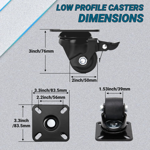 Image showing dimensions of Heavy Duty Caster Wheels Set of 4, Locking Swivel Plate Casters, 2200 Lb Capacity with 2in diameter.