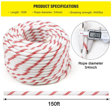 Coiled Three Quarter Inch Braided Polyester Arborist Bull Rope 150 Feet with diameter measurement and length specification
