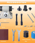 Pro-Level Leather Burnisher Machine For Killer Edges accessories including sanding sleeves, wrenches, connecting rods, and hardwood burnishing wheel.