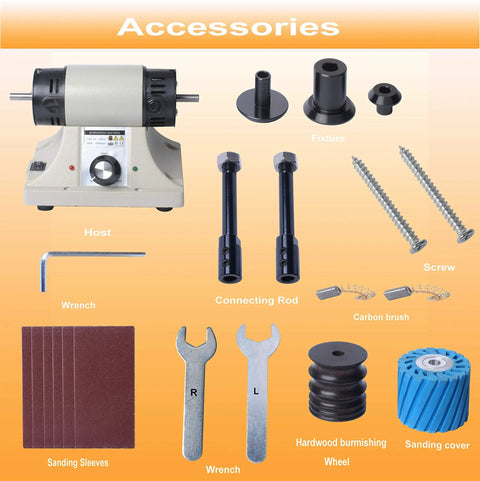 Pro-Level Leather Burnisher Machine For Killer Edges accessories including sanding sleeves, wrenches, connecting rods, and hardwood burnishing wheel.