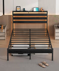 14 Inch Full Size Metal Platform Bed Frame Featuring A Tall Headboard, Rock Solid Steel Slat Support, Built In LED Lighting And Dual USB Ports, Spacious Under Bed Storage, Zero Box Spring Drama, Smooth Noise Free Sleep, And Easy Peasy Setup in a modern bedroom setting.