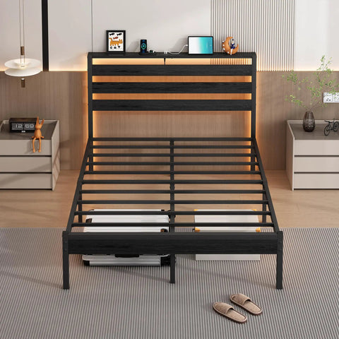 14 Inch Full Size Metal Platform Bed Frame Featuring A Tall Headboard, Rock Solid Steel Slat Support, Built In LED Lighting And Dual USB Ports, Spacious Under Bed Storage, Zero Box Spring Drama, Smooth Noise Free Sleep, And Easy Peasy Setup in a modern bedroom setting.