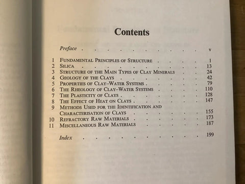 Contents page from Clays And Ceramic Raw Materials Practical Guide For Potters And Ceramic Artists From 1975 With 203 Pages