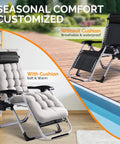 Zero Gravity Lounge Chair With Removable Thick Cushion And Tray, Folding Reclining Patio Lounger in use by pool and patio