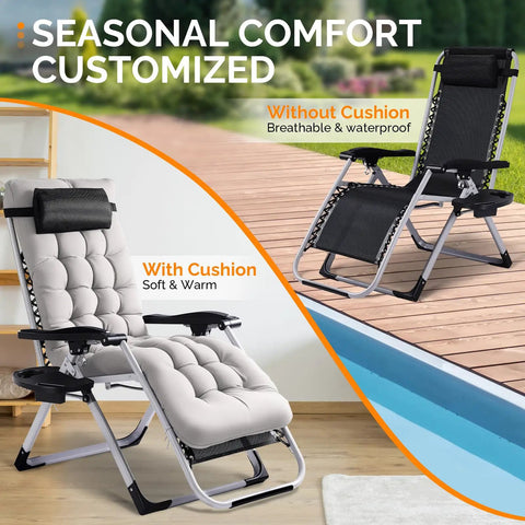 Zero Gravity Lounge Chair With Removable Thick Cushion And Tray, Folding Reclining Patio Lounger in use by pool and patio
