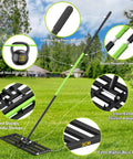 Lawn Leveling Rake With 6.5 Foot Stainless Steel Handle, 35 By 10 Inch Ground Leveler with focus on foam handle and adapter.