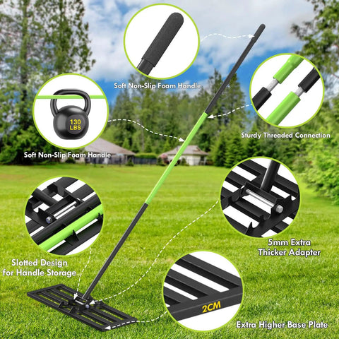 Lawn Leveling Rake With 6.5 Foot Stainless Steel Handle, 35 By 10 Inch Ground Leveler with focus on foam handle and adapter.