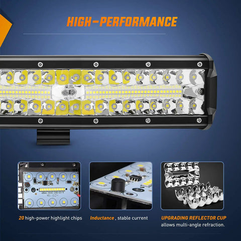 Close-up of 12 inch 300W LED light bar with reflector cups and chips, part of Led Light Bar Set 12 Inch 300W Triple Row.
