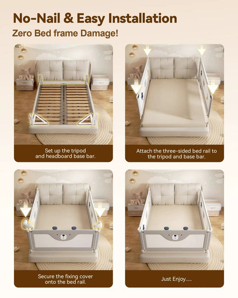 No Drill King Size Bed Rails For Kids Three Piece Guard showing easy install steps with adjustable steel rails.