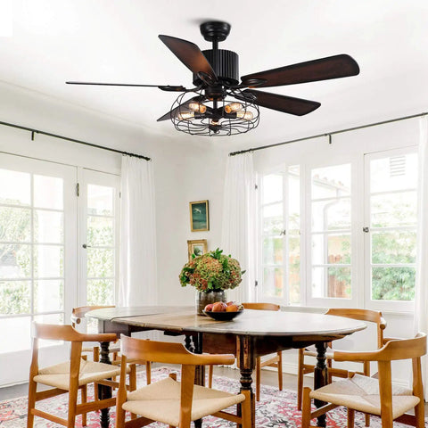 Dope 52 Inch Farmhouse Ceiling Fan With Light And Remote Black Rustic Industrial Ceiling Fan With Caged Light in dining room