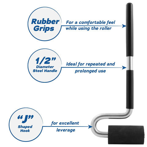 Diagram of Heavy Duty Pro Grade J Roller With Thick Rubber Roller showing rubber grips, 1/2 inch steel handle, and 'J' shaped hook