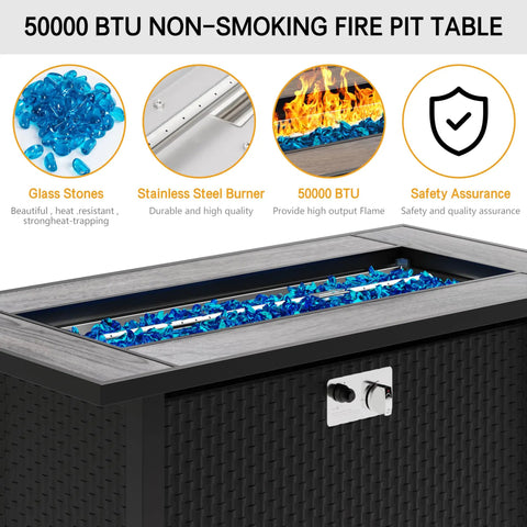 Close-up of 45 Inch Propane Fire Table With 50000 BTU Fire Pit, featuring blue glass stones and stainless steel burner.
