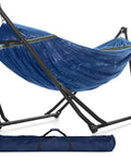 Hammock With Heavy Duty Steel Stand For Indoor And Outdoor Chill Sessions 600Lb Capacity Foldable 2 Layer Soft Polyester Durable And Comfortable Color Aegean.