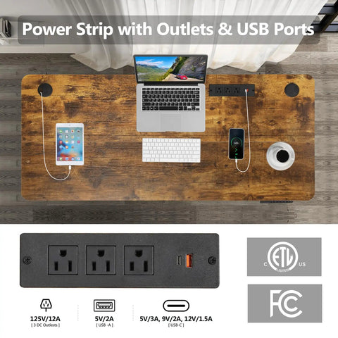 Farexon Electric Standing Desk Adjustable Height Black Brown Wood Grain Surface with power outlets and USB ports for home office