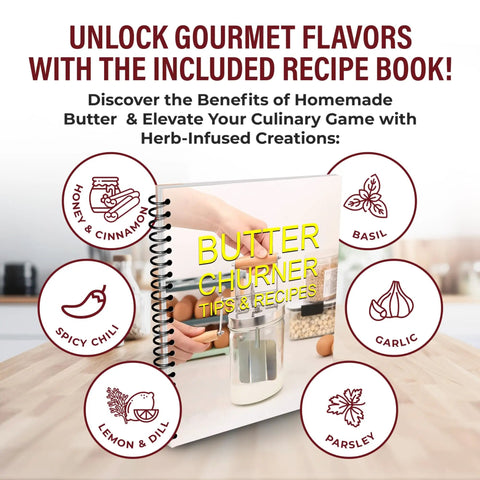 Recipe book for Effortless Hand Crank Butter Churner Fits Classic Mason Jars For Rustic Kitchen Vibes with tips and gourmet flavors.