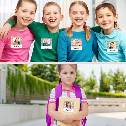 Children wearing Boho Rainbow Kid Friendly Photo Nameplates For Desk, 48 Pack Colorful Photo Frame Name Tags, outside with backpacks.