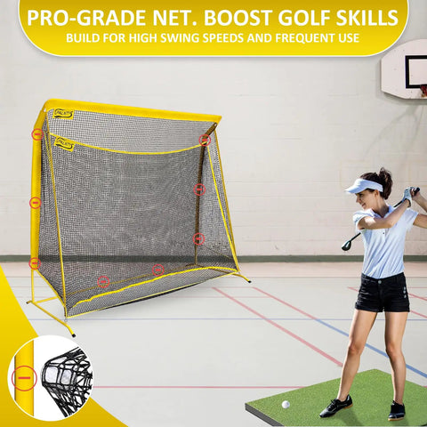 Heavy Duty Golf Hitting Net 10x7 Ft With Extra Striking Net, Backyard Practice Cage for Indoor Outdoor Use, shown in gym setup.