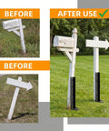 Heavy Duty Fence Post Repair Kit Featuring Rock Solid Steel Anchors and Beefy L Shaped Stakes for Mailboxes Fences and Gates Built Tough to Handle Rough Outdoors All Season Long. Before and after images showing mailbox and sign post stabilization.