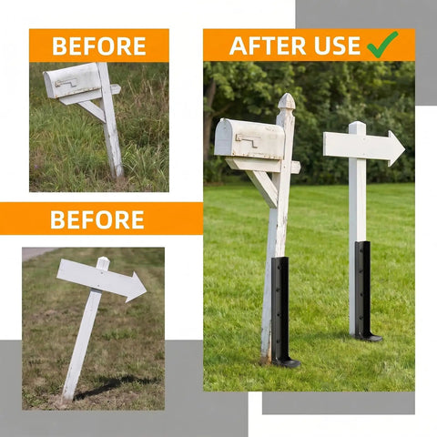 Heavy Duty Fence Post Repair Kit Featuring Rock Solid Steel Anchors and Beefy L Shaped Stakes for Mailboxes Fences and Gates Built Tough to Handle Rough Outdoors All Season Long. Before and after images showing mailbox and sign post stabilization.