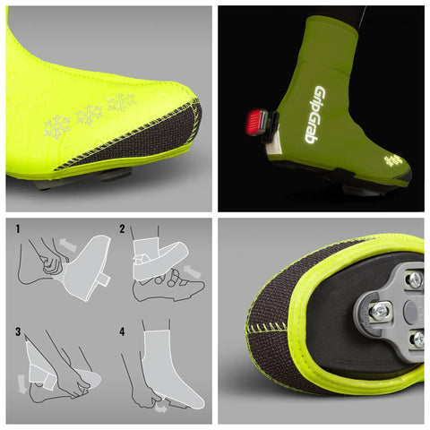 Arctic Waterproof Deep Winter Road Bike Overshoes For Road Shoes in neon yellow, featuring fleece-lined neoprene with steps for easy on/off fit.