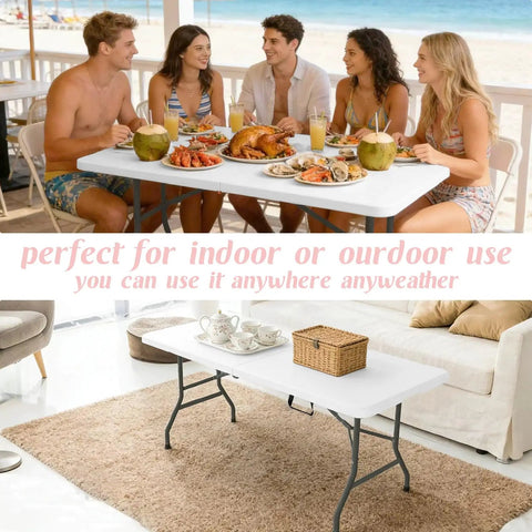 Six Foot Portable Folding Table With Steel Legs White Rectangle Top Fold In Half With Carry Handle Durable HDPE Surface shown in dining setup