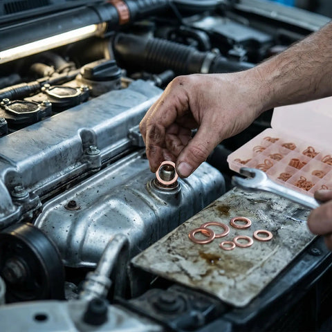 Must Have 350 Piece Copper Crush Washer Kit With M5 M14 Red Flat Rings For Oil Drain Plugs Brake Lines Banjo Bolts Marine Hydraulic Plumbing Stop Leaks With This Set For Car Truck Repairs Rock Solid Seals And Performance For DIYers And Pros, copper washer installed on engine