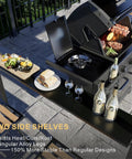 Outdoor Hardtop Grill Gazebo With Galvanized Steel Double Roof And Aluminum Frame, shows two side shelves, next to BBQ grill setup