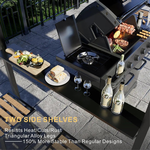 Outdoor Hardtop Grill Gazebo With Galvanized Steel Double Roof And Aluminum Frame, shows two side shelves, next to BBQ grill setup