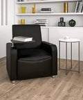 George LeatherSoft Guest Chair With Tablet Arm And Cup Holder For Offices And Waiting Rooms, black chair in lobby setting