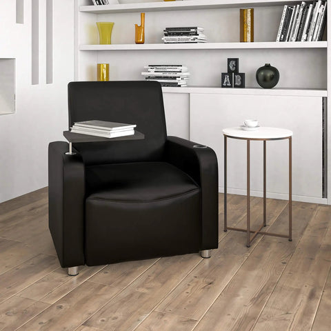 George LeatherSoft Guest Chair With Tablet Arm And Cup Holder For Offices And Waiting Rooms, black chair in lobby setting
