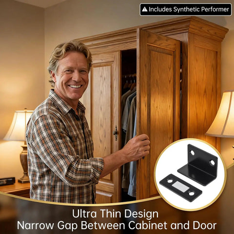 Person using Ultra Thin Magnetic Drawer Catches Pack Of 16 With No Gap L Shaped Strike Plate on wooden cabinet