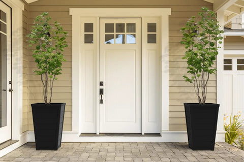 Front view of Set Of 2 Tall Resin Flower Pots With Wood Look Finish No Fuss 22 Inch Outdoor Planters Large 12.4 Gallon Soil Capacity