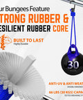 Promotional graphic showing Heavy Duty Bungee Cords with 30 kg weight capacity, UV protection, and durable rubber core for outdoor use.