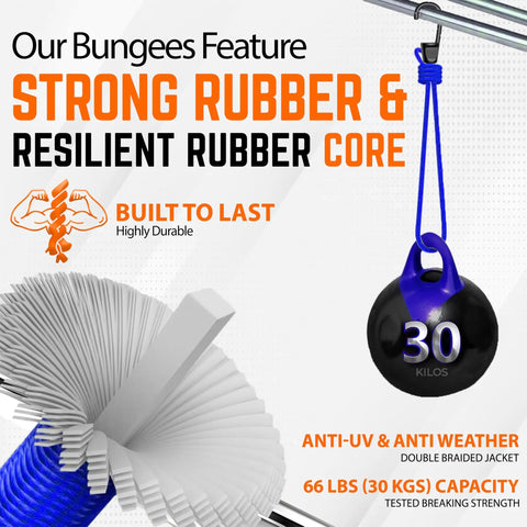 Promotional graphic showing Heavy Duty Bungee Cords with 30 kg weight capacity, UV protection, and durable rubber core for outdoor use.