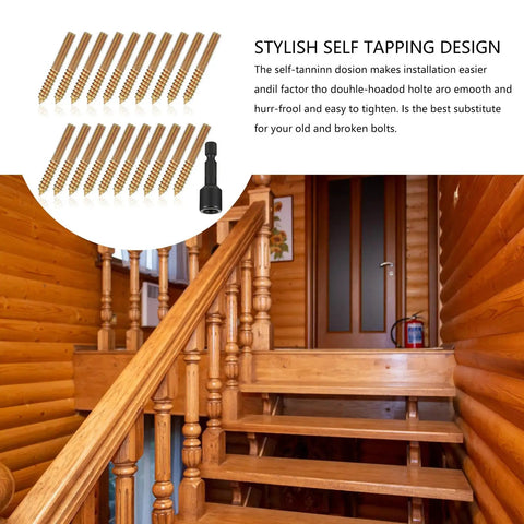 20 Piece Heavy Duty Hanger Bolts Set For Outdoor Wood Furniture Tapping Screws with stairway and wooden interior background