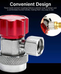 Close-up of R134a Car AC Adapter Fittings With Adjustable Quick Couplers For High And Low Side, featuring snap-fit design.