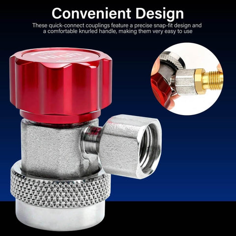 Close-up of R134a Car AC Adapter Fittings With Adjustable Quick Couplers For High And Low Side, featuring snap-fit design.