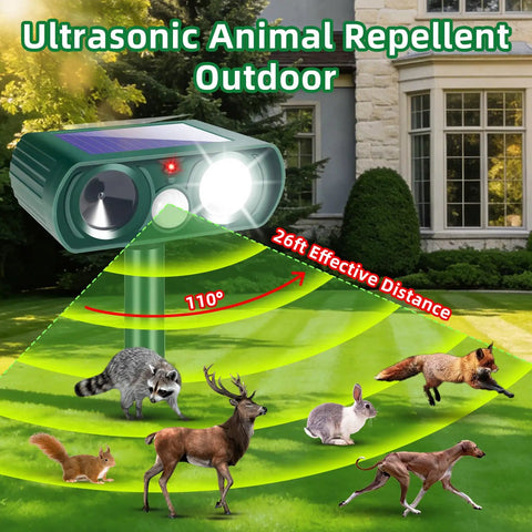 2 Pack Solar Ultrasonic Deer Repellent With Motion Sensor And Bright LED Strobe To Keep Deer Squirrels Raccoons Skunks Cats And Other Critters Off Your Yard IP65 Waterproof Outdoor Deterrent on lawn