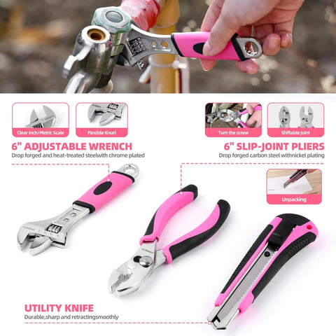 Pink 125 Piece Household Tool Set For Women Portable Tool Kit With Organizer Case showing wrench, pliers, and utility knife