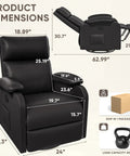 Product dimensions of Comfy 360 Swivel Recliner Chair With Rocker For Adults, adjustable features highlighted, black PU leather.