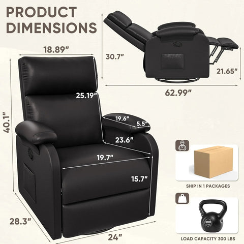 Product dimensions of Comfy 360 Swivel Recliner Chair With Rocker For Adults, adjustable features highlighted, black PU leather.