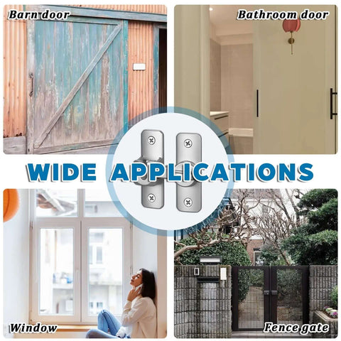 Two Pack Ninety To One Hundred Eighty Degree Barn Door Lock Flip Latch Hardware shown used on barn door, bathroom door, window, and fence gate.