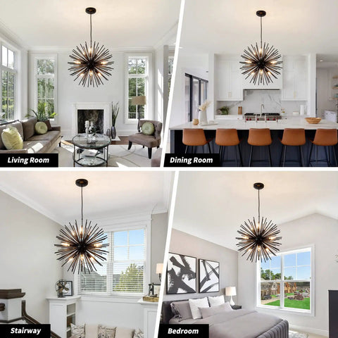 Modern Black Sputnik Chandelier 9 Light Pendant Ceiling Fixture With Starburst Firework Design For Bedroom Living Room