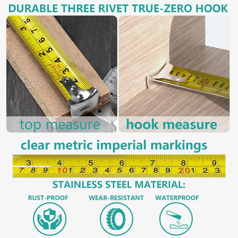 25 Foot Tape Measure Self Locking With Rubber Covered Case Pro Grade Heavy Duty Measuring Tape In Inches And Metric, Impact Resistant Tool With Heat Treated Spring For Smooth Rewind showing rivet hook and markings