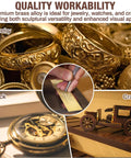 Image of brass jewelry, clock, crafts, and shim stock strip highlighting versatility of Five Piece Brass Strips Shim Stock Set 36 Inch Long By 1 Inch Wide By 0.016 Inch Thick 260 Brass Alloy Durable Go To For DIY Crafts Jewelry Making Model Building Decorative Arts And Electrical Projects.