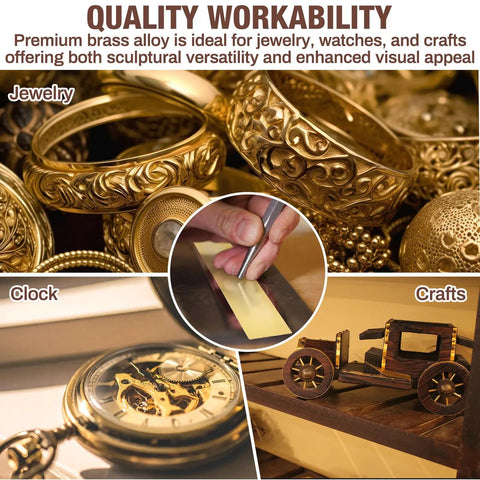 Image of brass jewelry, clock, crafts, and shim stock strip highlighting versatility of Five Piece Brass Strips Shim Stock Set 36 Inch Long By 1 Inch Wide By 0.016 Inch Thick 260 Brass Alloy Durable Go To For DIY Crafts Jewelry Making Model Building Decorative Arts And Electrical Projects.